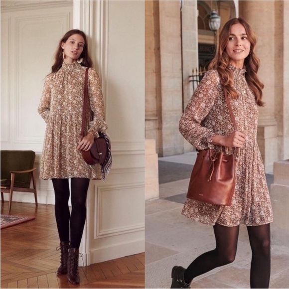 Sezane Dresses & Skirts - Sezane Olivia Long Sleeve Mini Dress in Flora Moka Brown Size 42 US 10